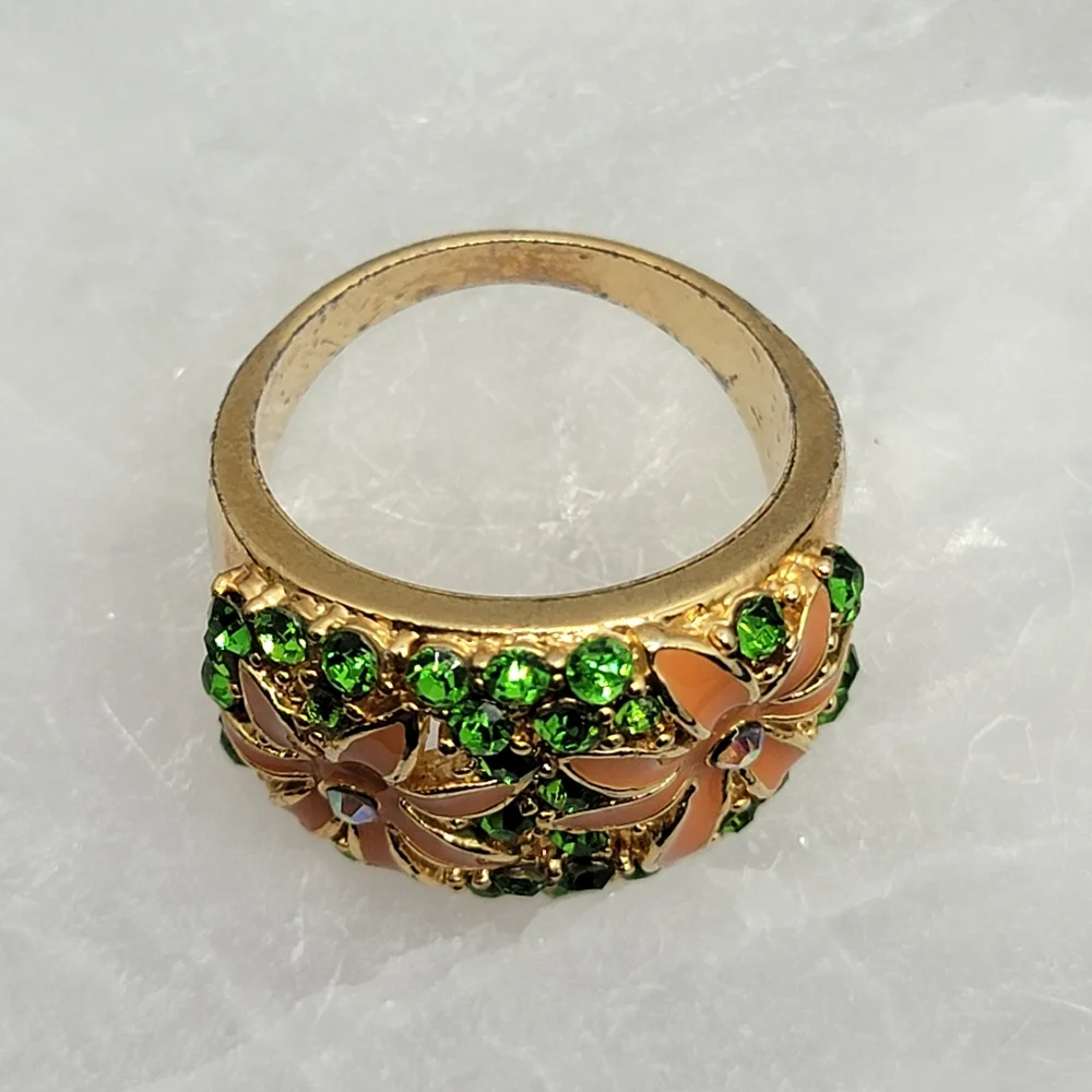 Vintage Wide Band Floral Rhinestone Ring Size 12 ½